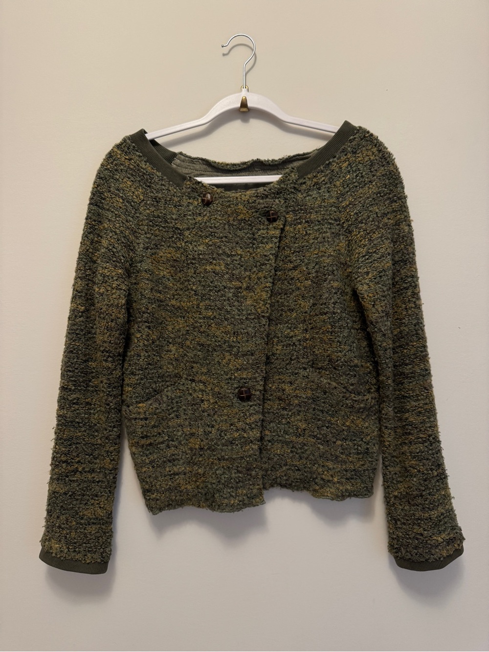 VTG Free People Olive Green Bouclé Button-Front Women’s Cardigan | Medium